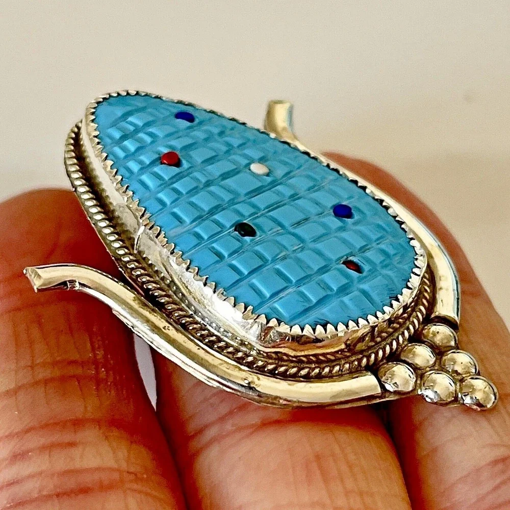 Zuni Inlay Ear Corn Maiden Pendant Pin Carved Turquoise Signed Brooch Huge Big
